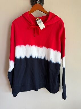 Lauren Ralph Lauren Womens Red White Navy Tie Dye Stripe Hoodie Sweatshirt XL